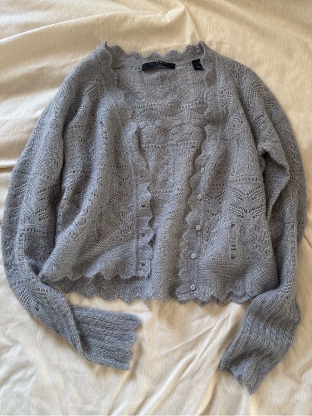 New All Saints Vanessa Soft Wool Alpaca Lace Eyelet Scalloped Caridgan